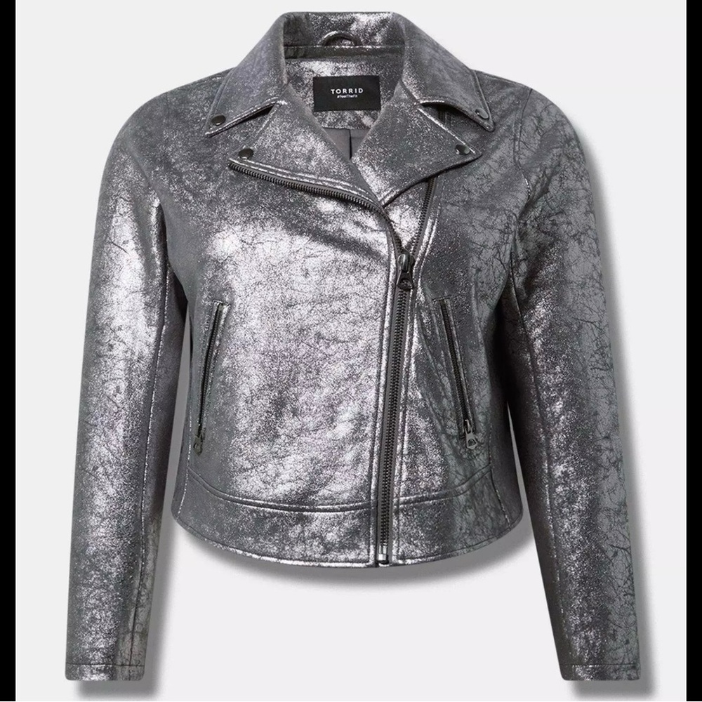 TORRID METALLIC COLLARED STRETCH CROPPED MOTO JACKET GUNMETAL SIZE 0